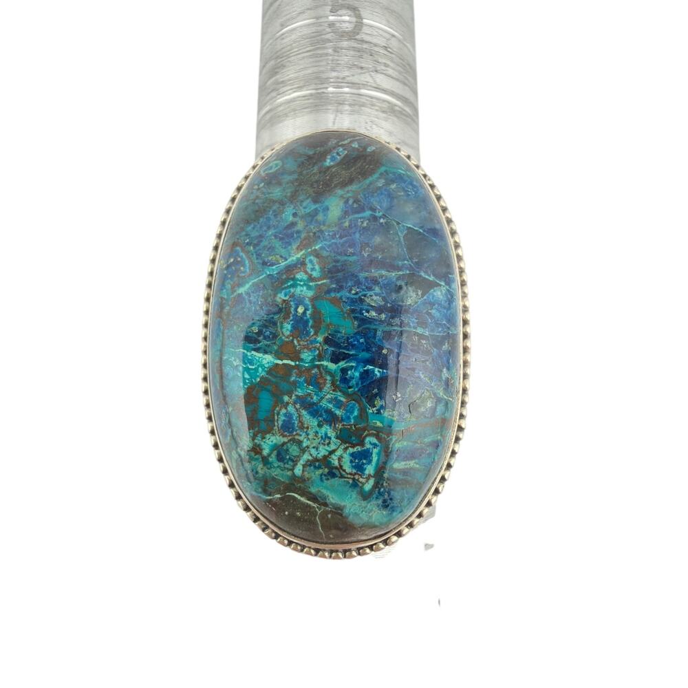 Large Oval Chrysocolla Twisted Rope Border 925 Sterling Silver Ring Size 7.5